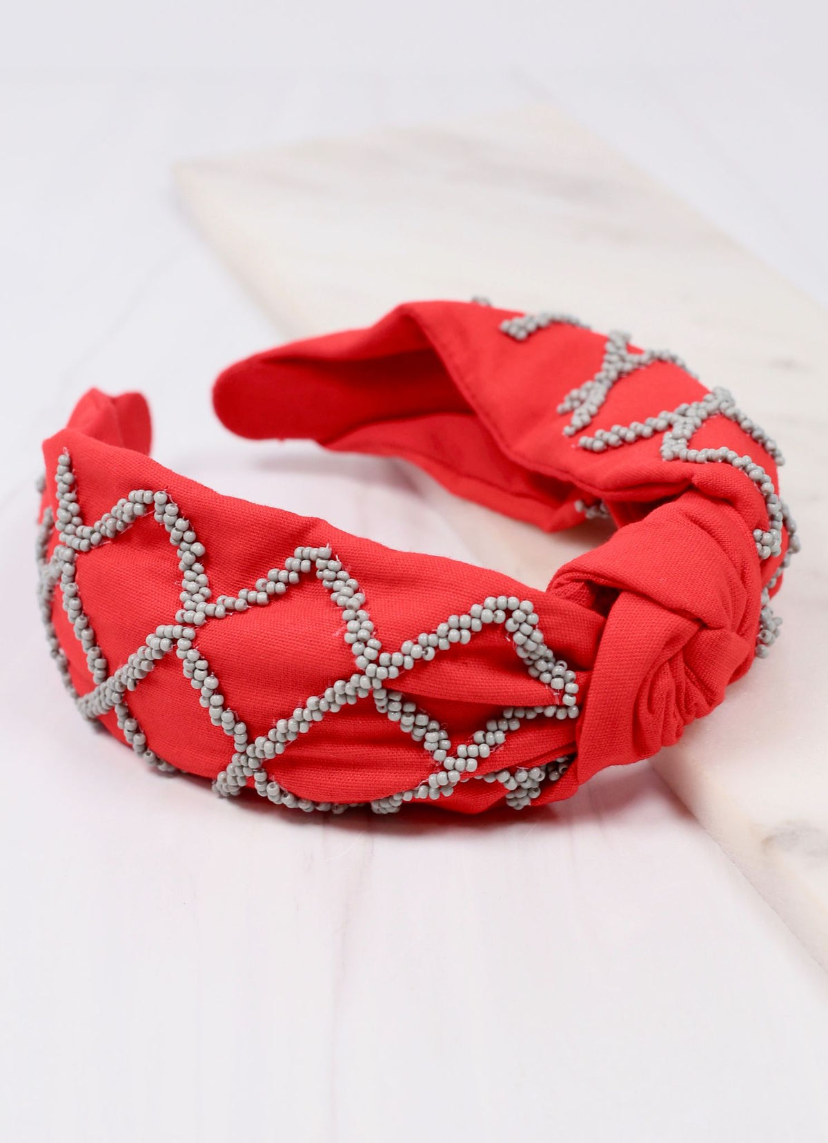 Red and Gray Lattice Beaded Headband