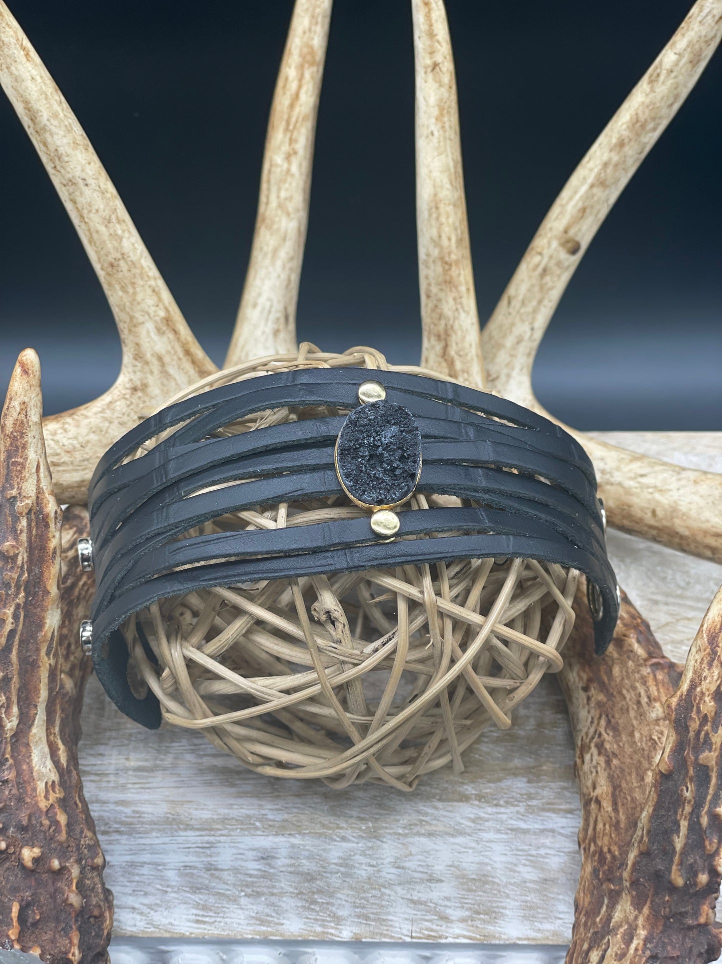 Genuine Leather Fringe Cuff with Quartz Gem