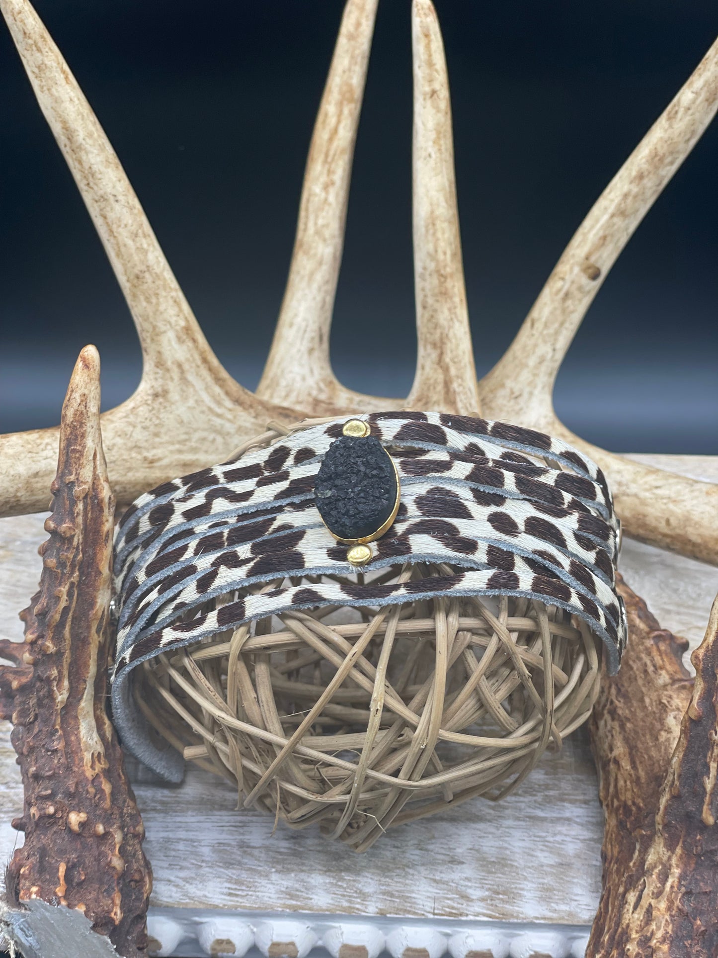 Genuine Leather Fringe Cuff with Quartz Gem