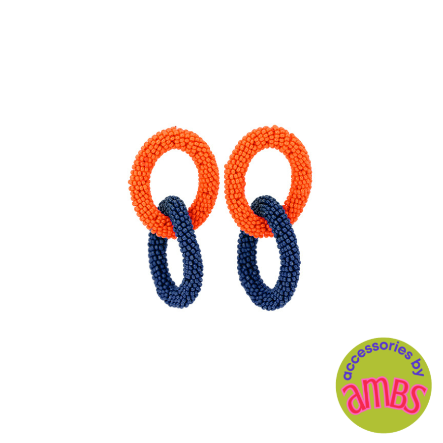 Orange and Navy Oval Linked Seed Bead Earrings