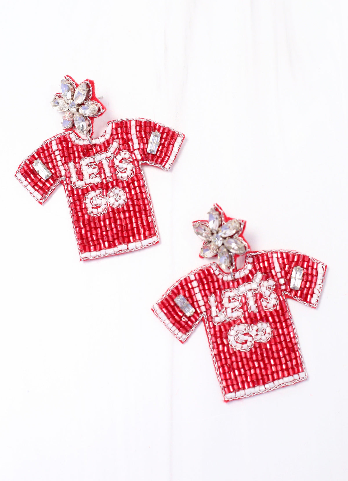 Red and White Let's Go Jersey Beaded Earrings