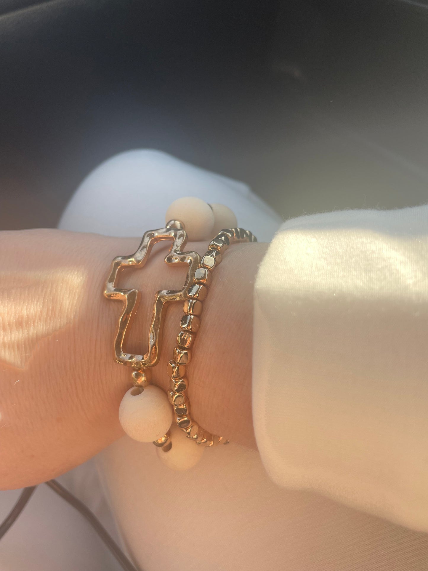 Wooden Bead Bracelet with Hammered Cross