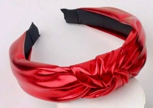 Red metallic knotted headband, vegan leather