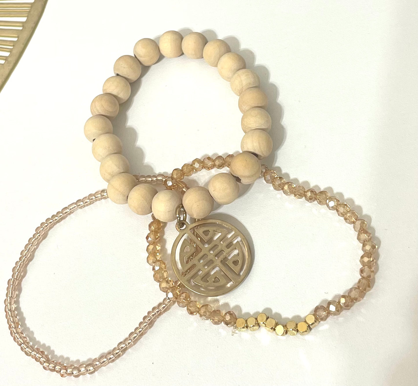 Filigree Circle wooden bead bracelet stack