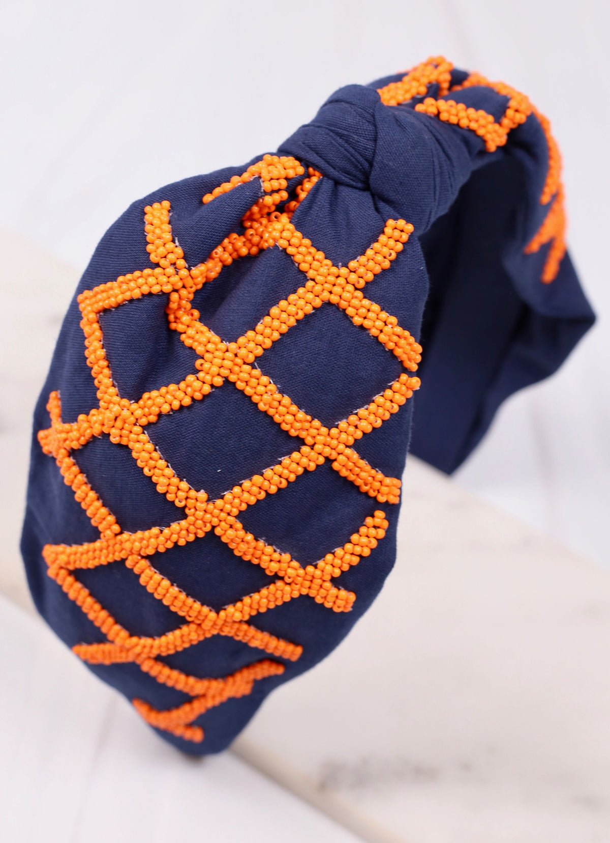 Navy and Orange Lattice Beaded Headband