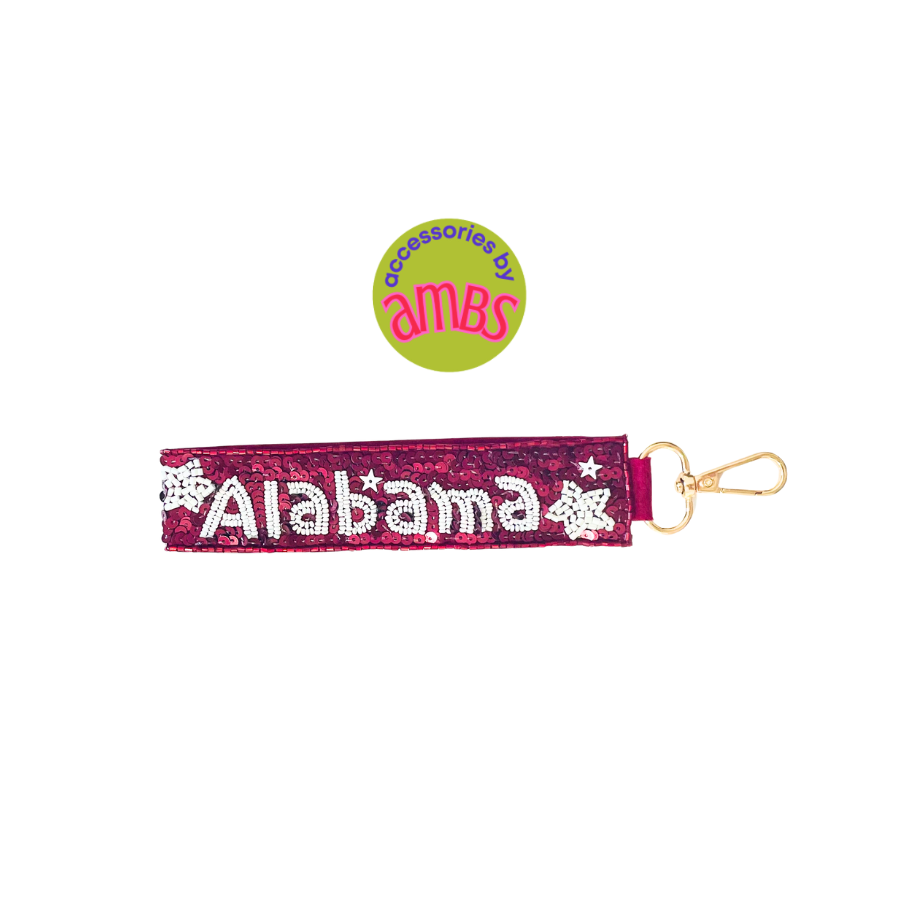 Crimson sequin and seed bead wristlet key strap. Alabama football Roll Tideroll tide