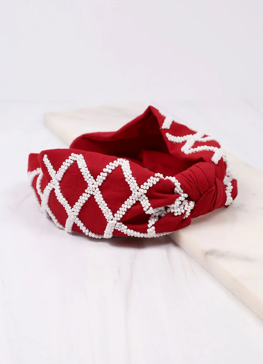 Crimson and White Lattice Beaded Headband