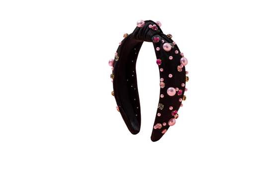 Black Knot Headband with Baby pink pearls and rhinestones